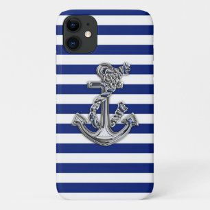 Modern Rope Anchor on Nautical Stripes iPhone 11 Case