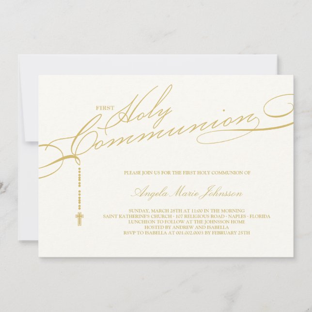 Modern Rosary First Holy Communion Photo Religious Invitation (Front)