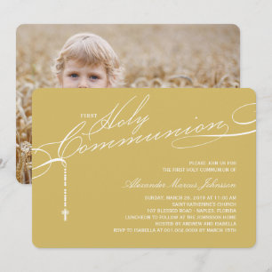 Modern Rosary First Holy Communion Photo Religious Invitation