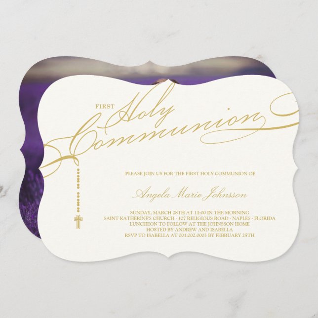 Modern Rosary First Holy Communion Photo Religious Invitation (Front/Back)