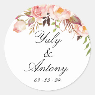 Modern Rose and Peach Watercolor Wedding Classic Round Sticker