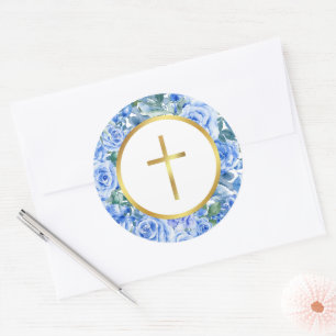 Modern Rose Dusty Blue Watercolor Gold Gross Classic Round Sticker