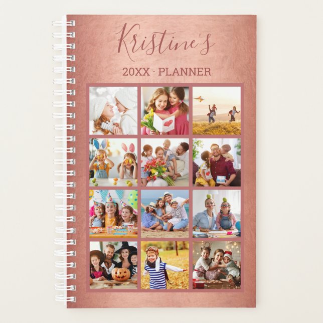 Modern Rose Gold 12 Photo Collage Rose Script 2024 Planner (Front)