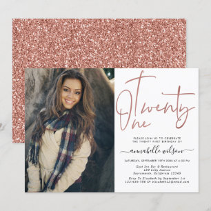 Modern Rose Gold 21st Birthday Photo Invitation
