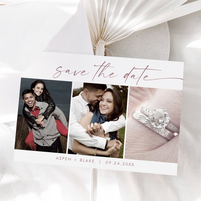 Modern Rose Gold 3 Photo Template Save the Date (Creator Uploaded)