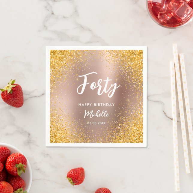 Modern Rose Gold 40th Birthday Stylish Name Script Napkin (Insitu)