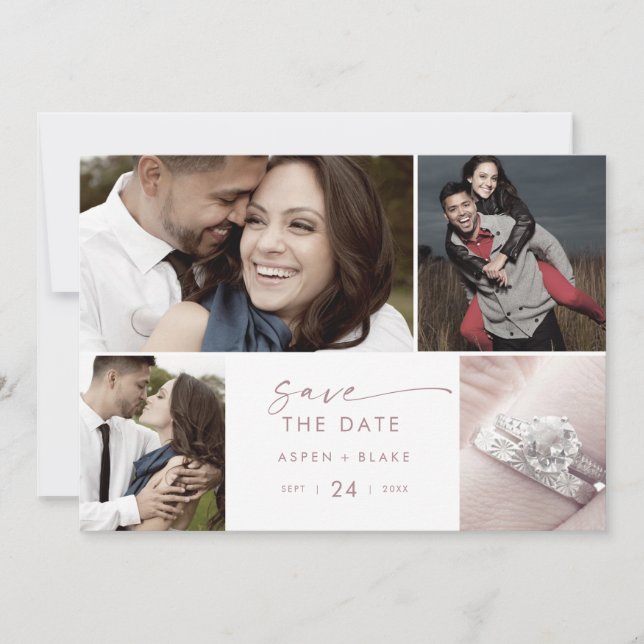 Modern Rose Gold 4 Photo Collage Save The Date (Front)
