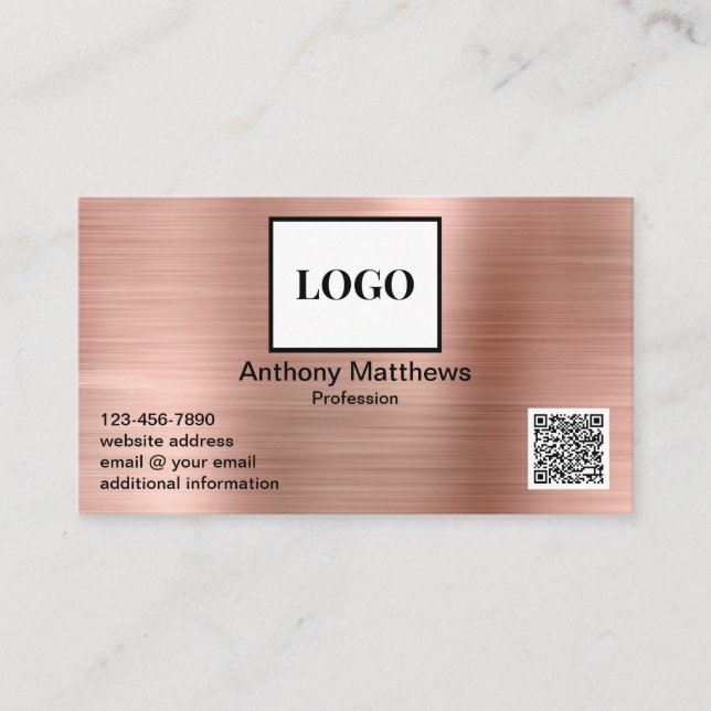 Modern Rose Gold Add Logo and QR Code Business Card (Front)