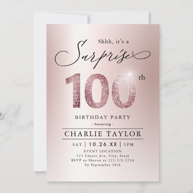 Modern rose gold adult surprise 100th birthday invitation (Front)