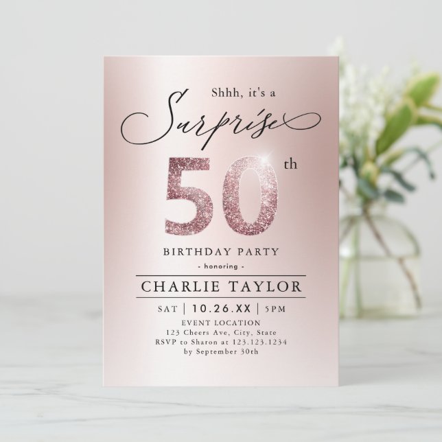 Modern rose gold adult surprise 50th birthday invitation (Standing Front)