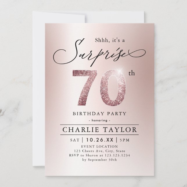 Modern rose gold adult surprise 70th birthday invitation (Front)