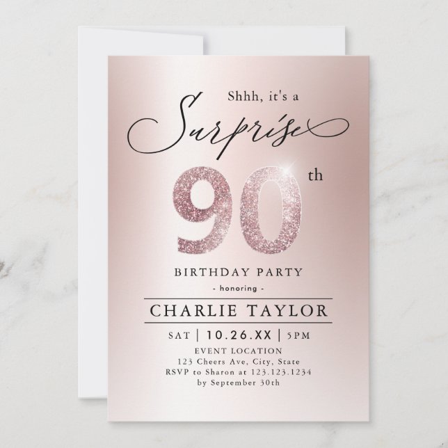 Modern rose gold adult surprise 90th birthday invitation (Front)