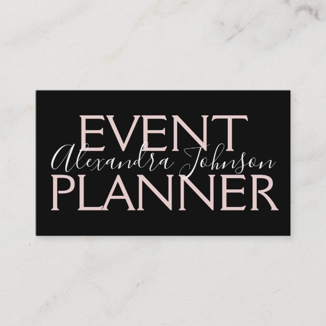 Modern Rose Gold and Black Event Planner Business Card (Front)