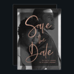 Modern Rose Gold and Black Overlay | Photo Save The Date<br><div class="desc">These modern,  elegant wedding save the date cards feature your own personal photo covering the background completely. A sheer black overlay contains faux rose gold trendy script typography,  and there is more room for your information on the back of the card. A glam,  stylish look your guests will love!</div>