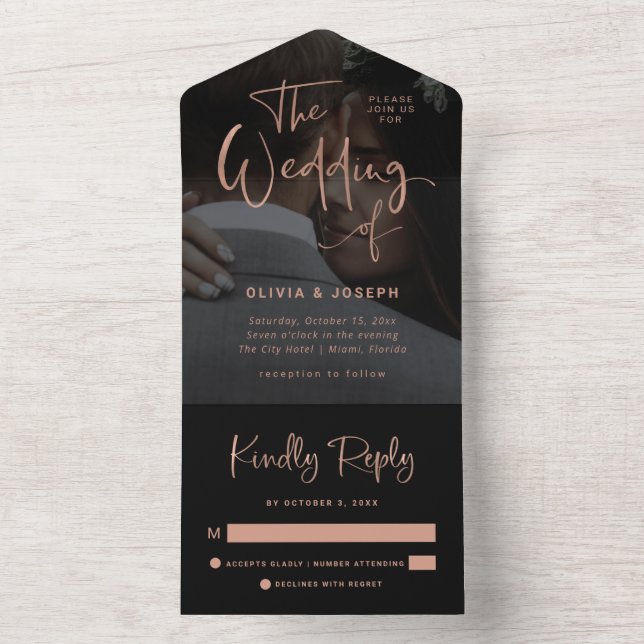 Modern Rose Gold and Black Overlay | Photo Wedding All In One Invitation (Inside)