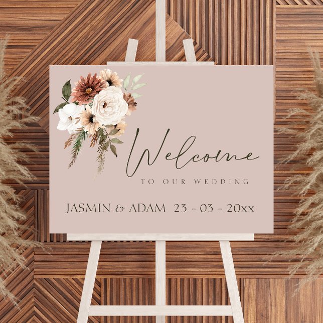 Modern Rose Gold and Green Floral Wedding Sign (Rustic Dusty Pink and Green Floral Wedding Sign)