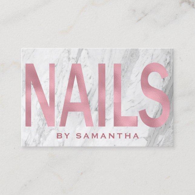 Modern Rose Gold And White Marble Nails Business Card (Front)