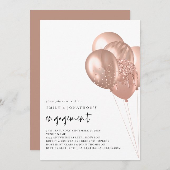 Modern Rose Gold Balloons Engagement Party Invitation (Front/Back)