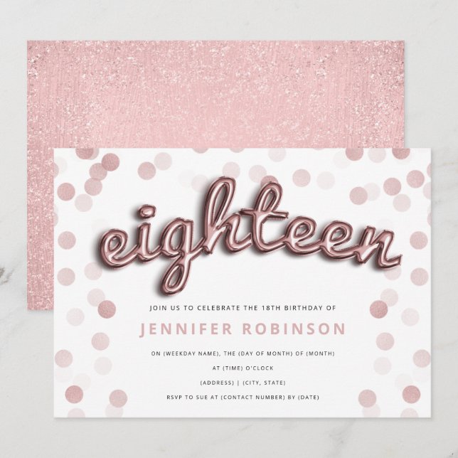 Modern Rose Gold Balloons Glitter 18th Birthday Invitation (Front/Back)