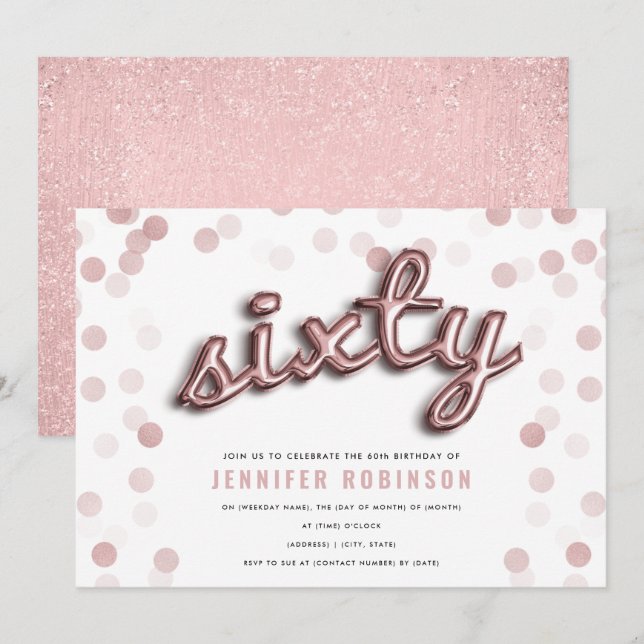 Modern Rose Gold Balloons Glitter 60th Birthday Invitation (Front/Back)