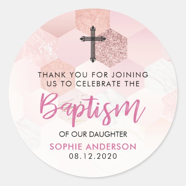 Modern Rose Gold Baptism Thank You Classic Round Sticker (Front)