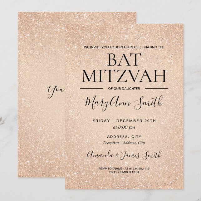 Modern Rose Gold Bat Mitzvah Faux Glitter Paint Invitation (Front/Back)