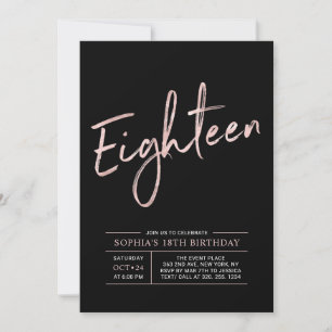 Modern Rose Gold & Black 18th Birthday Party Invitation