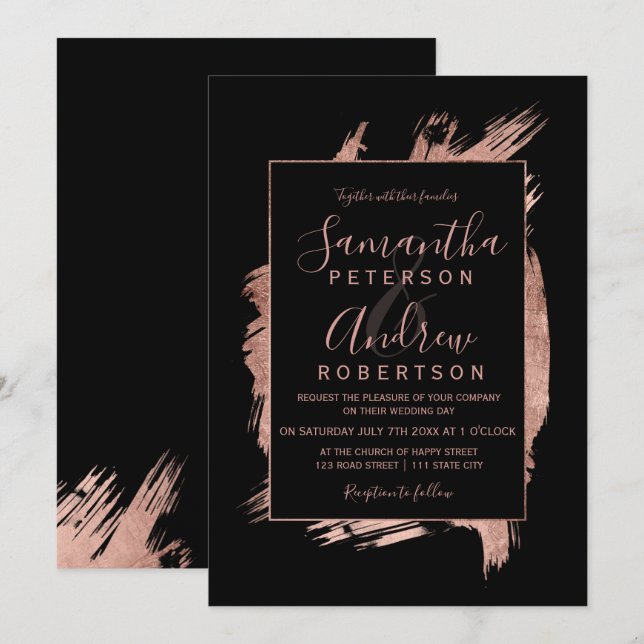 Modern rose gold black frame typography wedding invitation (Front/Back)