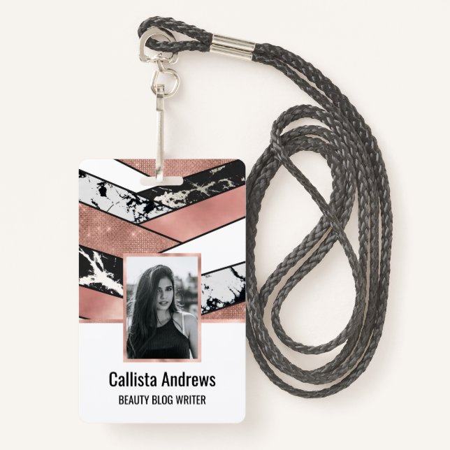 Modern Rose Gold Black Glitter Marble Geometric ID Badge (Front with Lanyard)