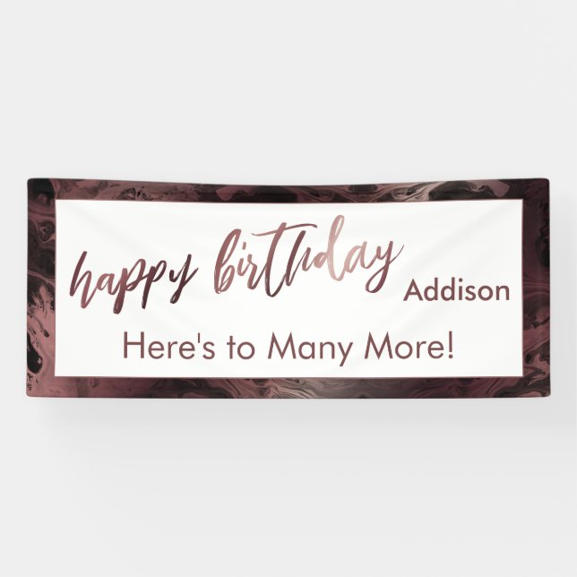 Modern Rose Gold & Black Marble Happy Birthday Banner (Horizontal)