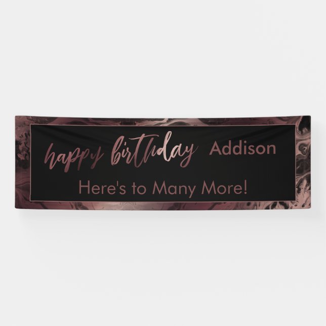 Modern Rose Gold & Black Marbled Happy Birthday Banner (Horizontal)