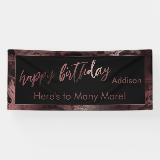 Modern Rose Gold & Black Marbled Happy Birthday Banner (Horizontal)