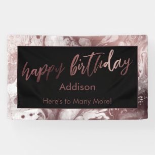 Modern Rose Gold & Black Marbled Happy Birthday Banner