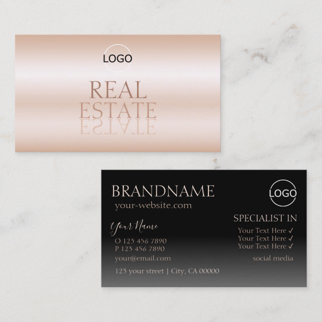 Modern Rose Gold Black Mirror Letters with Logo Business Card (Front/Back)