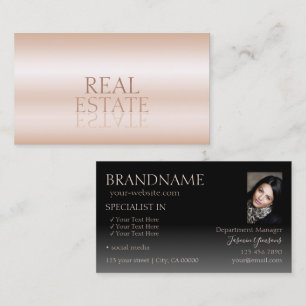 Modern Rose Gold Black Mirror Letters with Photo Business Card
