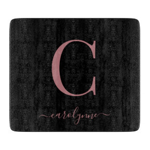 Modern Rose Gold Black Monogram Typography Cutting Board