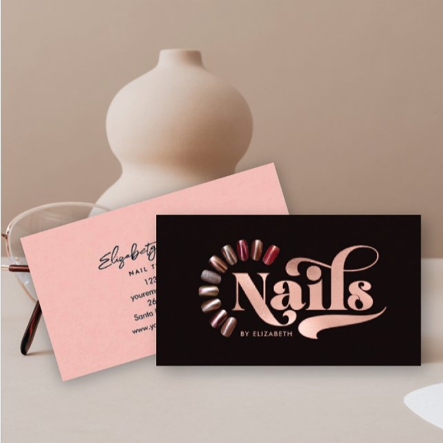 Modern Rose Gold & Black Nail Technician Business Card (Creator Uploaded)