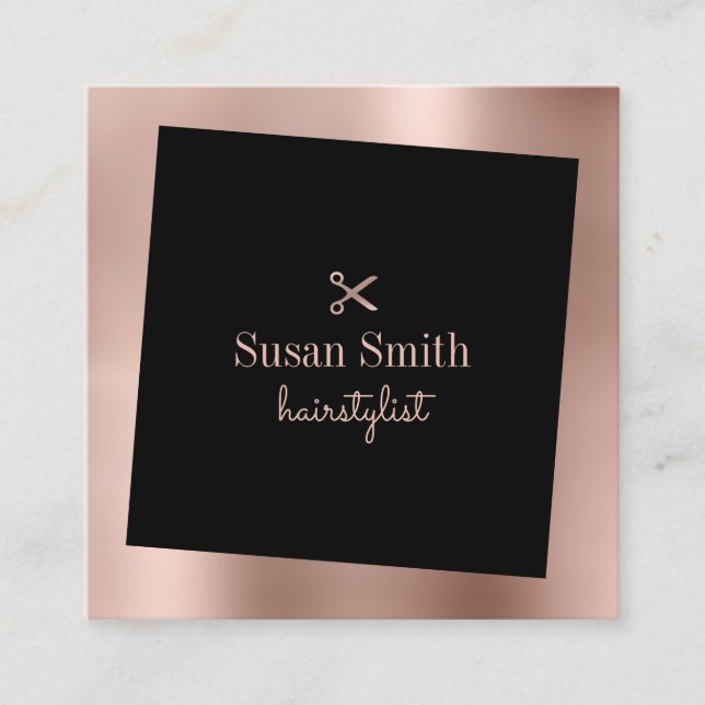 Modern rose gold & black scissors hairstylist square business card (Front)