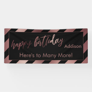 Modern Rose Gold & Black Stripe Happy Birthday Banner