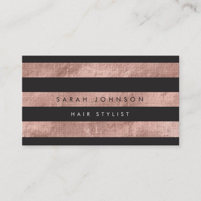Modern Rose Gold Black Stripes Hair Stylist Business Card (Front)