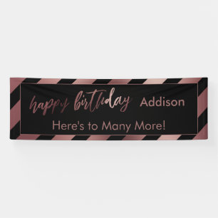 Modern Rose Gold & Black Stripes Happy Birthday Banner