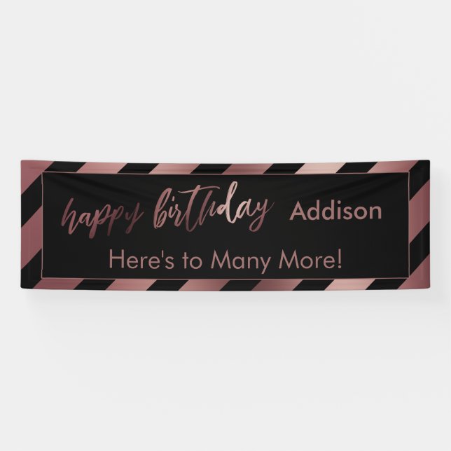 Modern Rose Gold & Black Stripes Happy Birthday Banner (Horizontal)