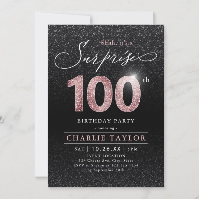Modern rose gold black surprise 100th birthday invitation (Front)