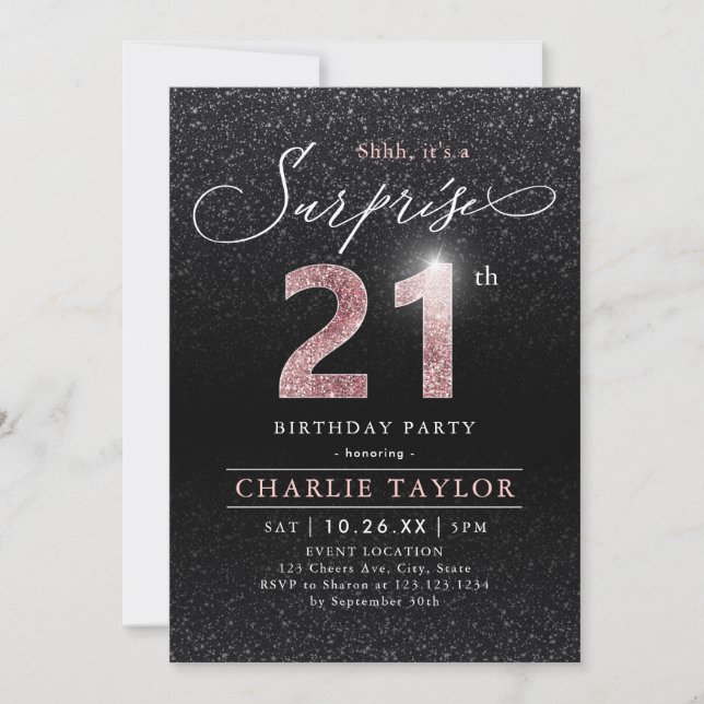 Modern rose gold black surprise 21st birthday invitation (Front)