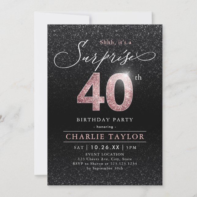 Modern rose gold black surprise 40th birthday invitation (Front)