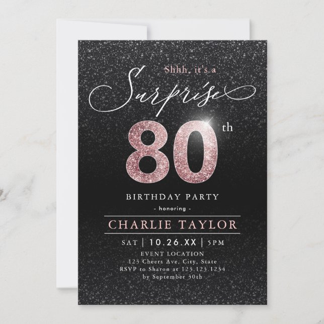 Modern rose gold black surprise 80th birthday invitation (Front)