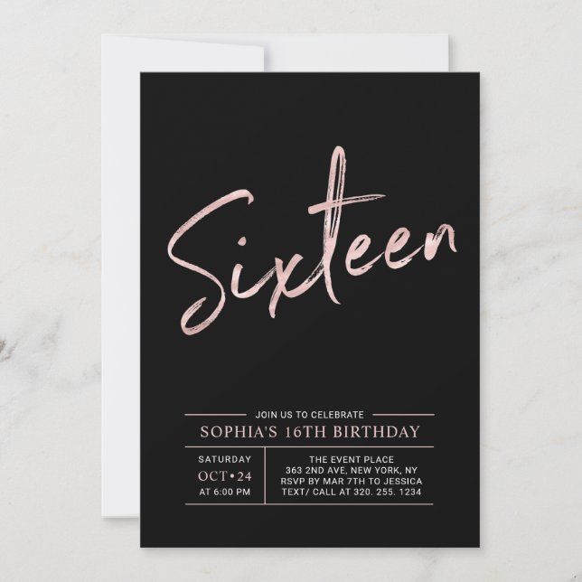 Modern Rose Gold & Black Sweet 16th Birthday Party Invitation (Front)