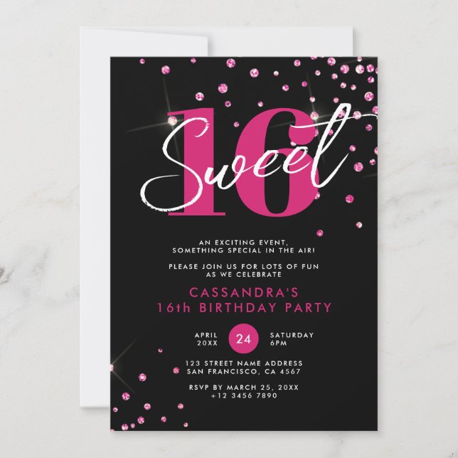 Modern Rose Gold & Black Sweet Sixteen Birthday Invitation (Front)