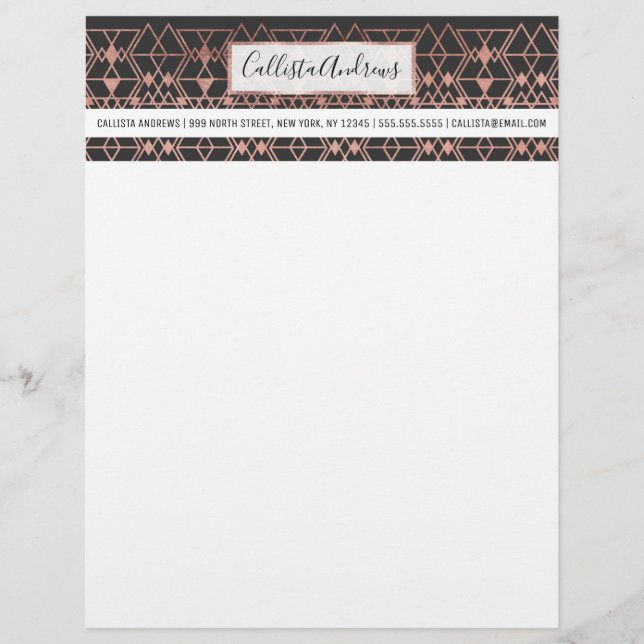 Modern Rose Gold Black Tribal Geometric Triangles Custom Letterhead (Front)