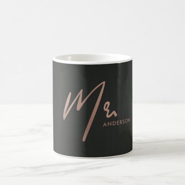 MODERN ROSE GOLD BLACK TYPOGRAPHY MR LAST NAME COFFEE MUG (Center)